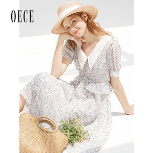Oece夏装新款女装 温柔碎花法式清新复古大翻领泡泡袖连衣裙
