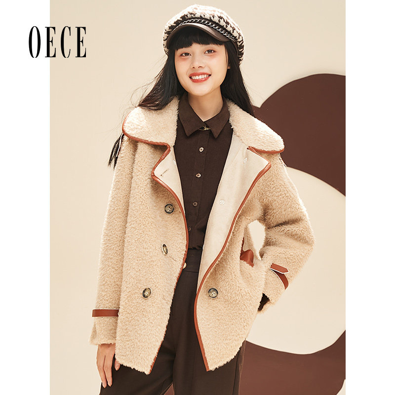 Oece羊羔毛外套秋冬季新款皮毛一体小个子羊剪绒毛绒大衣女