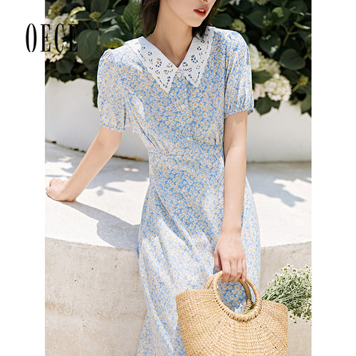 Oece夏装新款女装 文艺女孩复古清新翻领修身小碎花连衣裙
