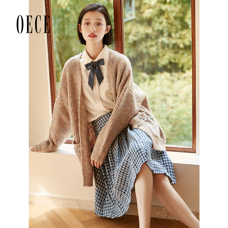 oece复古秋冬季新款千鸟格百褶裙