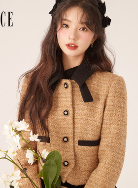 Oece复古小香风外套秋冬季新款女装高级感短款毛呢外套小个子
