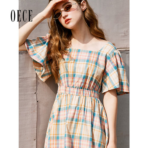Oece夏装新款女装 甜蜜文艺复古清新方领高腰短袖格纹连衣裙