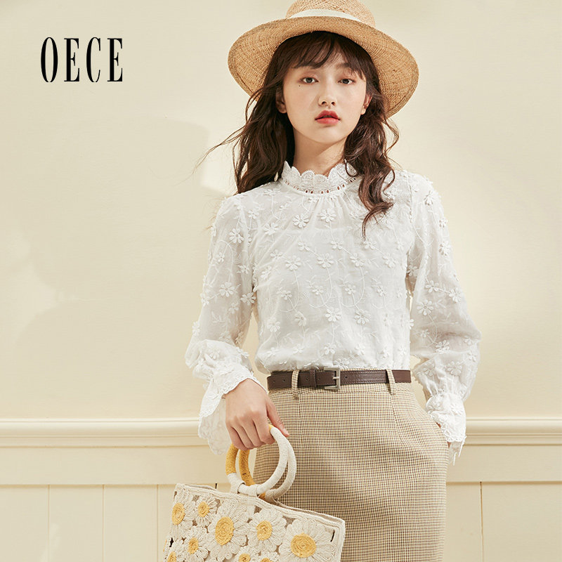 Oece春秋装新款女装 法式云朵白优雅立领喇叭袖水溶蕾丝上衣
