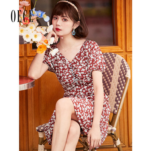 OeceV领碎花连衣裙夏装新款女装少女复古气质设计感显瘦裙子