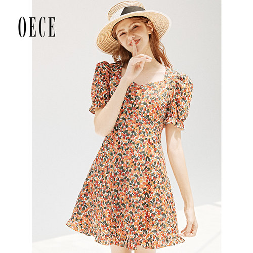 Oece夏装新款女装 小碎花复古法式温柔方领收腰修身连衣裙