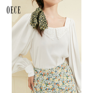 温柔复古蕾丝方领长袖 女装 雪纺衫 上衣春秋新款 衬衫 法式