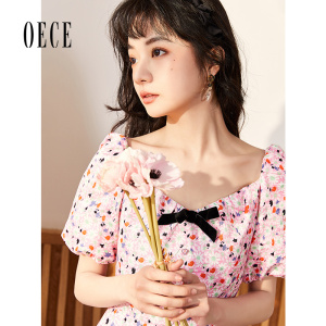 Oece复古小碎花连衣裙夏装新款女气质法式裙子