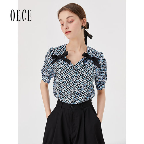oece新款碎花甜美v领短袖上衣