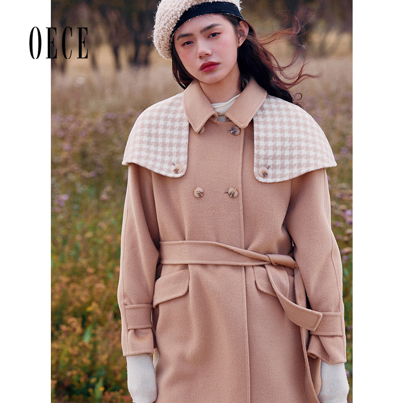 Oece冬装新款女装 个性英伦复古羊毛双面呢大衣中长款外套