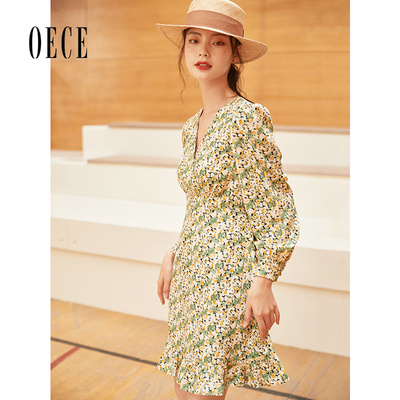 Oece春装女装 小碎花裙子复古法式温柔V领长袖雪纺连衣裙