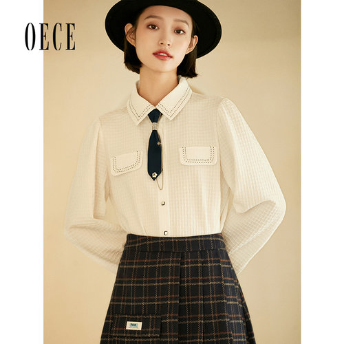 Oece设计感衬衫春秋季新款女学院复古长袖衬衣上衣春