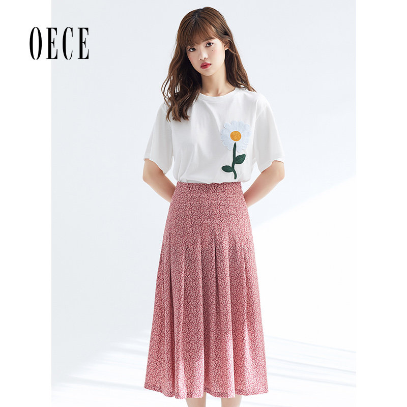 Oece夏装新款女装 浅夏蜜桃粉小碎花复古显白高腰修身半身裙