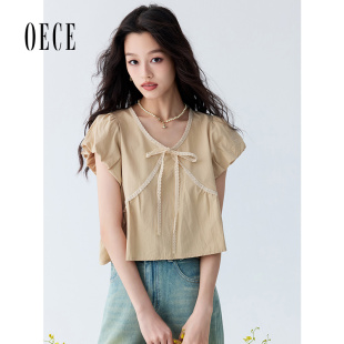 新款 Oece法式 夏季 衬衫 小个子甜美减龄显瘦衬衣 蕾丝拼接泡泡袖