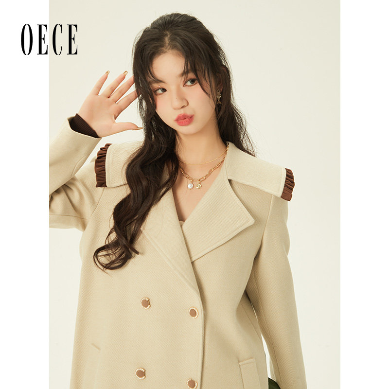 Oece复古中长款法式呢大衣外套