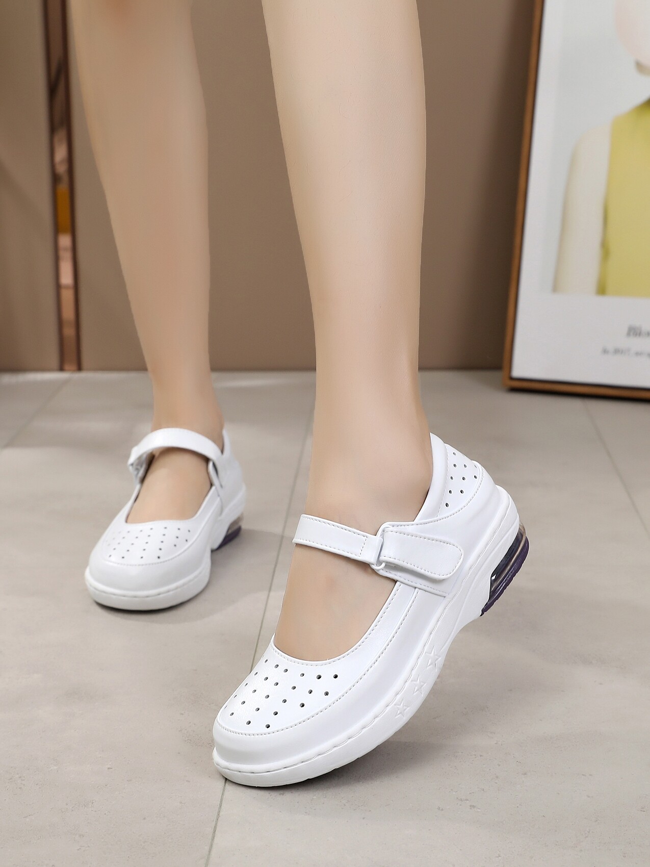 归途夏季白色真皮护士鞋女气垫坡跟透气软底防滑浅口医院工作单鞋