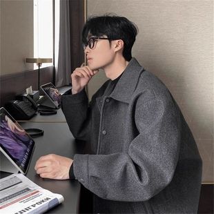 穿夹克成熟外套韩系搭翻领c灰色anfitle毛宽松呢大衣秋季稳重男士