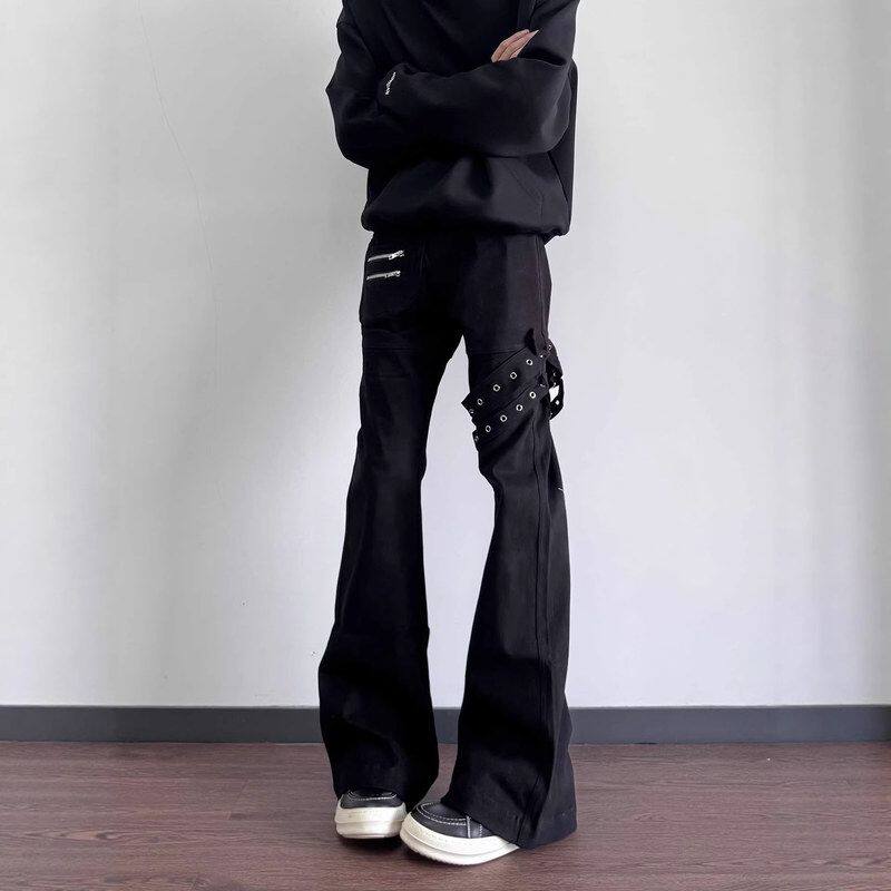 牛仔裤绑带长裤设计感修身微喇男显瘦风黑色百搭vibe高街美式休闲