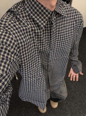 格子衬衫复古外套美式上衣翻领格纹衬衣黑色长袖anfit春秋男款cle