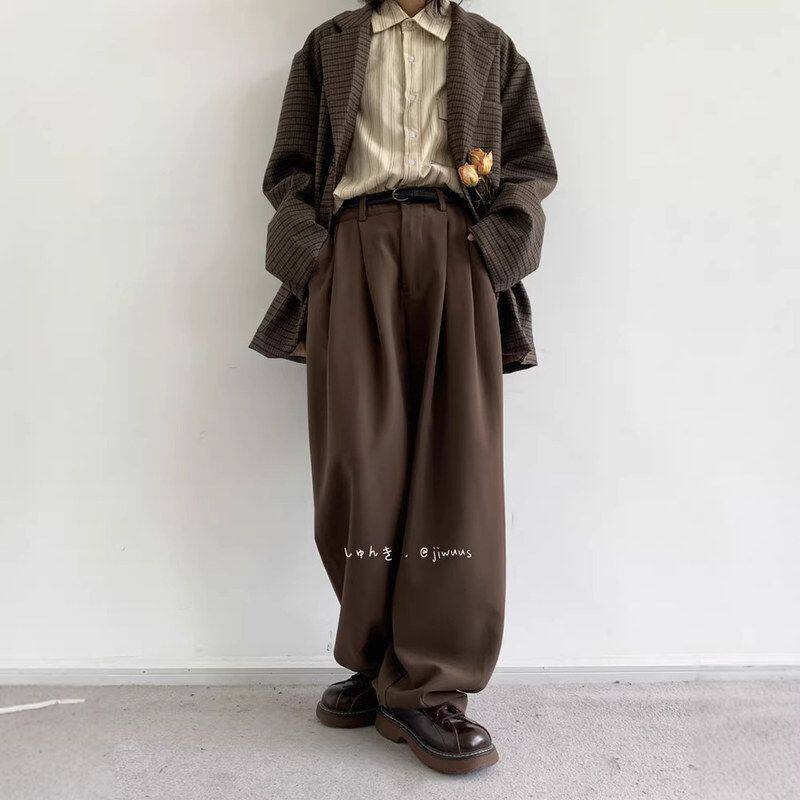 休闲长春秋咖啡色西裤直筒阔腿裤子宽松美拉德复古日系垂感男女生