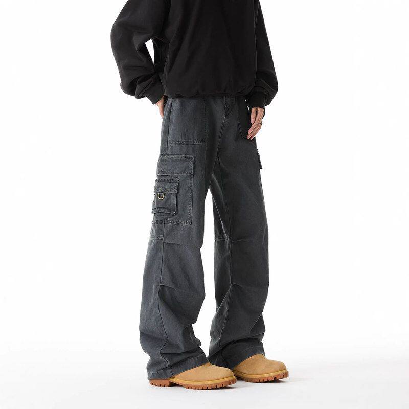 高街水洗做旧复古春秋季牛仔裤工装直筒褶皱hiphop美式阔腿裤男女