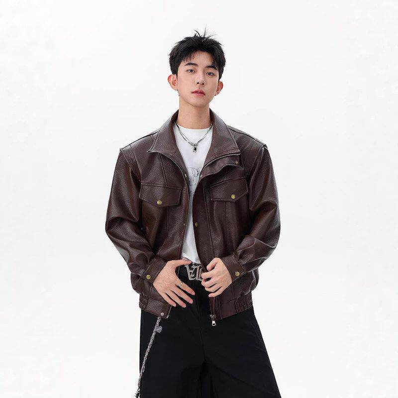 男外套美式高街皮夹克痞帅立领pu加厚宽松皮衣潮牌短款机车服防风