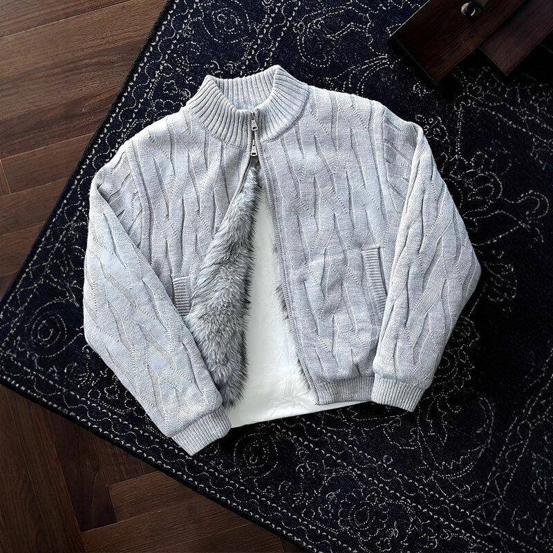 荆刺开衫外套绞花高级感冬季毛衣风男款加厚针织衫老钱座山雕加绒