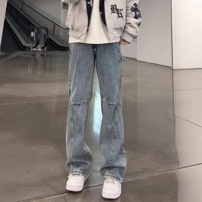 斜切裤子美式牛仔裤弯刀春秋工装裤蓝设计感微喇绑带复古男款显瘦