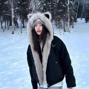 座山雕毛领外套学生短款男女冬季百搭新款保暖加厚情侣装棉服夹克