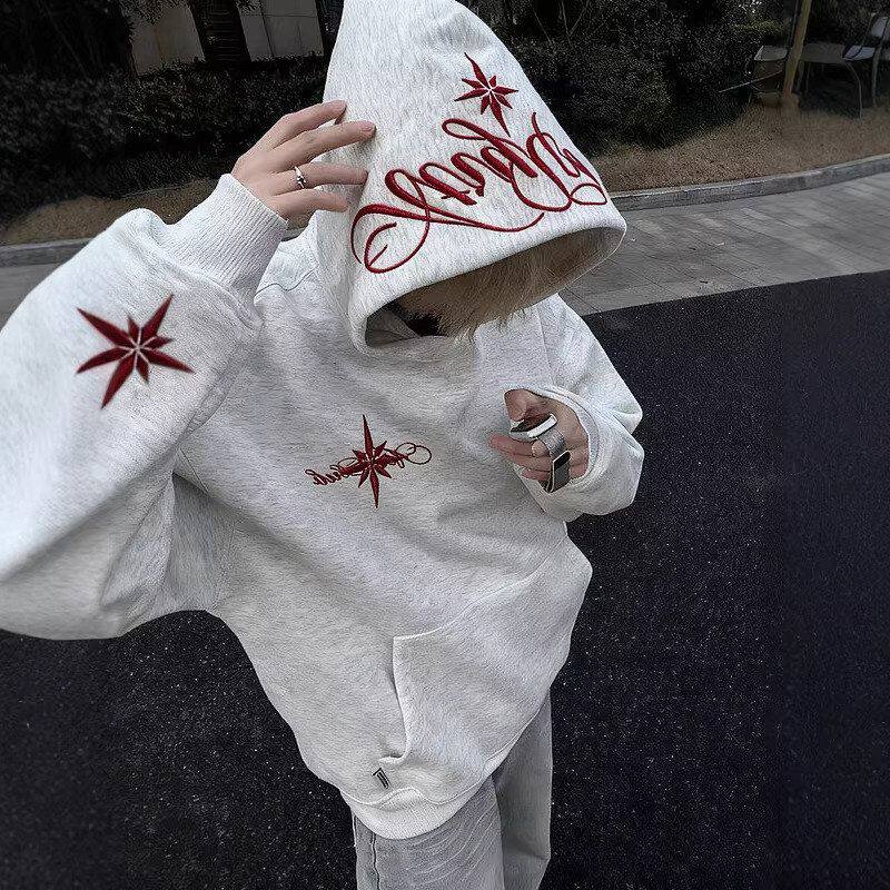 男帽衫女款美式外套北极星卫衣潮牌宽松情侣连帽加绒刺绣国潮高街