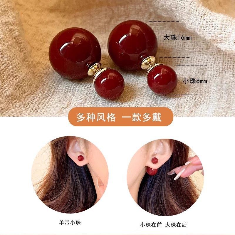 耳环两戴双面气质耳饰小众大小轻奢安可拉高级感耳钉红色珍珠独特