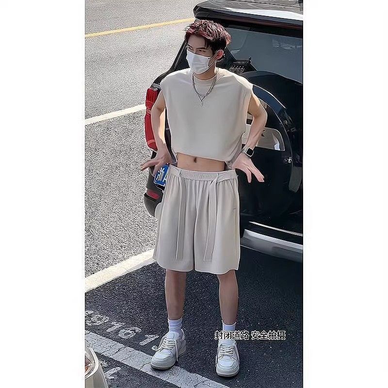 运动休闲两件套男装短裤夏天冰坎肩痞帅套装丝背心无袖T恤高级感