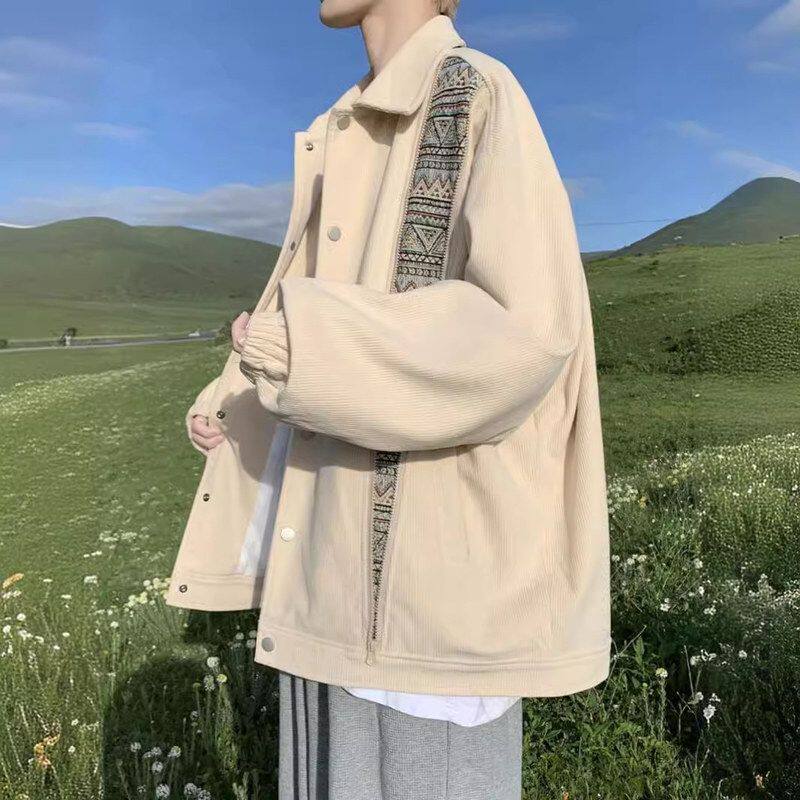 痞帅灯芯绒外套翻领潮牌高级感夹克休闲男秋冬季拼接宽松青春帅气