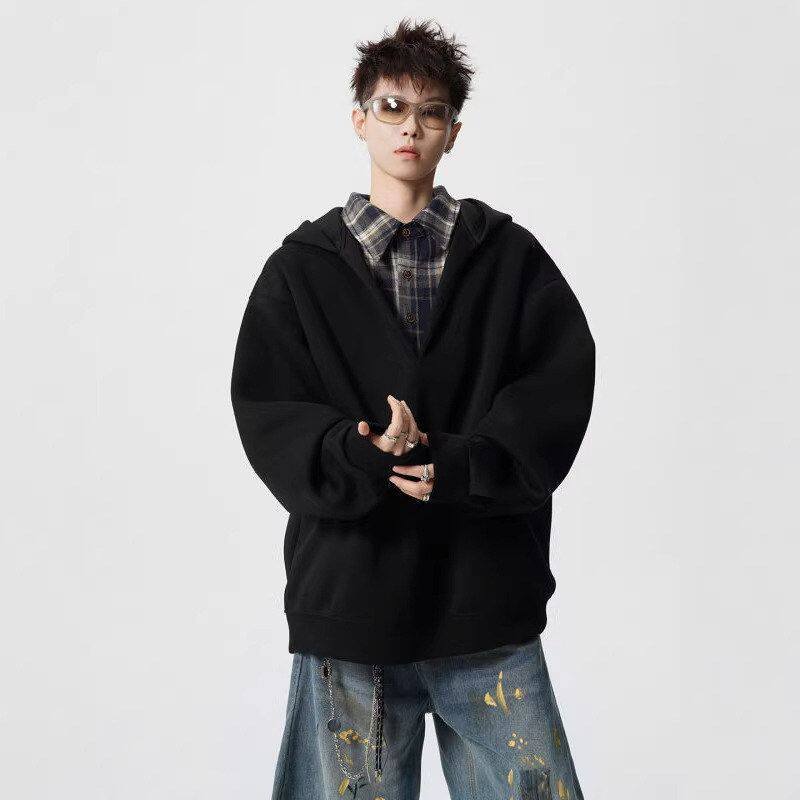 重磅假两件春秋季帽衫格纹外套硬挺衬衫领美式卫衣连帽男复古2026