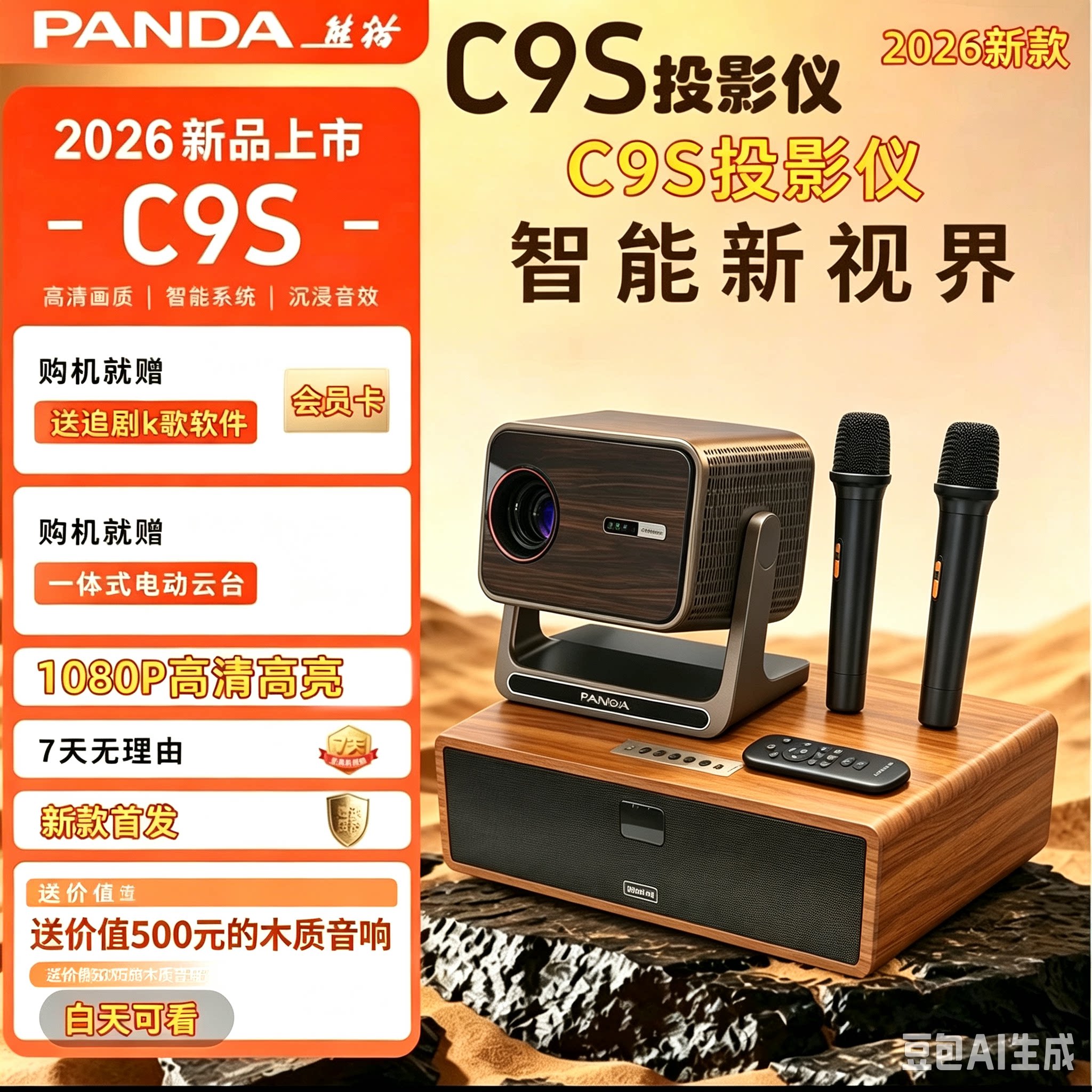 2026新品熊猫C9S超高清1080P投影仪AI智能体 家用卧室客厅投影仪送木质音箱话筒