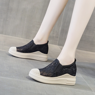 黑色鞋子女小个子的爆款单鞋夏季配裙子内增高女鞋网面透气休闲鞋