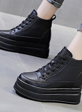 黑色内增高女鞋春秋小个子10cm8cm厚底百搭显高真皮松糕跟高帮鞋