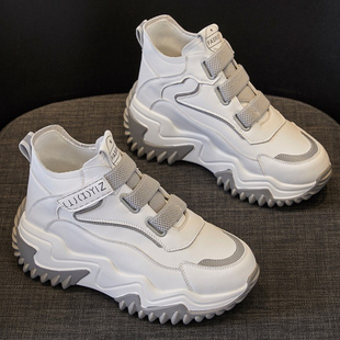 高帮小白鞋 内增高女鞋 松糕厚底显脚小魔术贴老爹鞋 新款 2024年春季