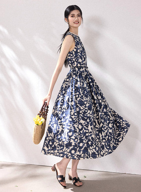【多米】26春夏新法式度假M家赫本风印花无袖油画大裙摆长连衣裙