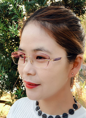 近视眼镜架眼镜框纯钛切边镶钻眼镜定制女无框成品近视眼睛43034