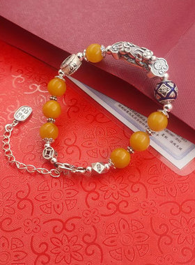 男女925银蜜蜡原创设计复古手链