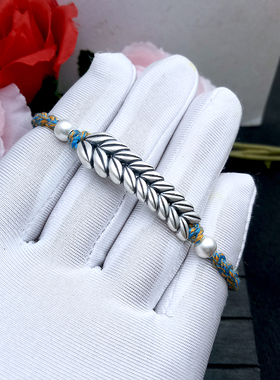 原创足银麦穗编绳可调节手链纯银小众设计圆珠编绳手链礼物饰品