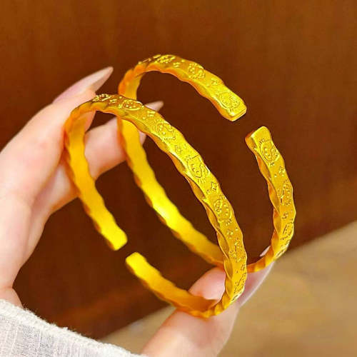 越南沙金波浪纹手镯女久不掉色猫图案开口镀金手镯精致金色手镯女