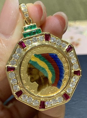 一款一件孤品美国鹰扬鹰洋印第安人老酋长克鲁格熊猫金币吊坠项链