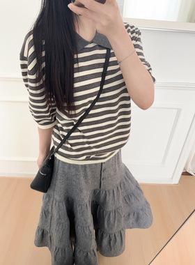 26早春COR2经典条纹五分袖针织衫polo有机棉T恤撞色翻领POLO衫女