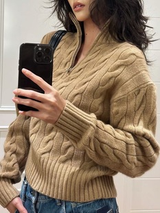 26秋冬新款拉夫半拉链战马绞花毛衣战马刺绣立领长袖羊毛衣宽松女