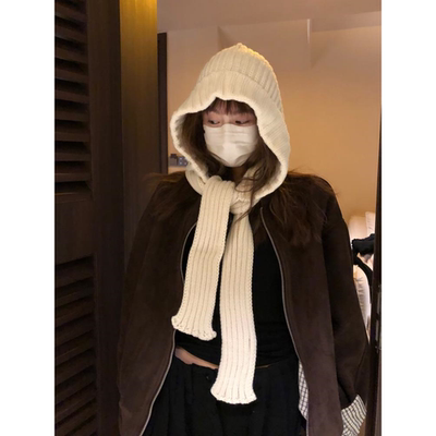 GREENHOUSES韩系针织帽子女秋冬保暖护耳毛线帽围巾一体雷锋帽潮