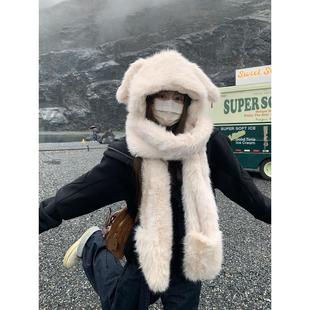 GREENHOUSES毛绒小狗耳朵帽子围巾手套一体三件套女加厚保暖护脖