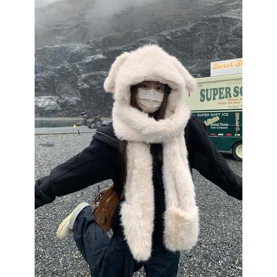 GREENHOUSES毛绒小狗耳朵帽子围巾手套一体三件套女加厚保暖护脖