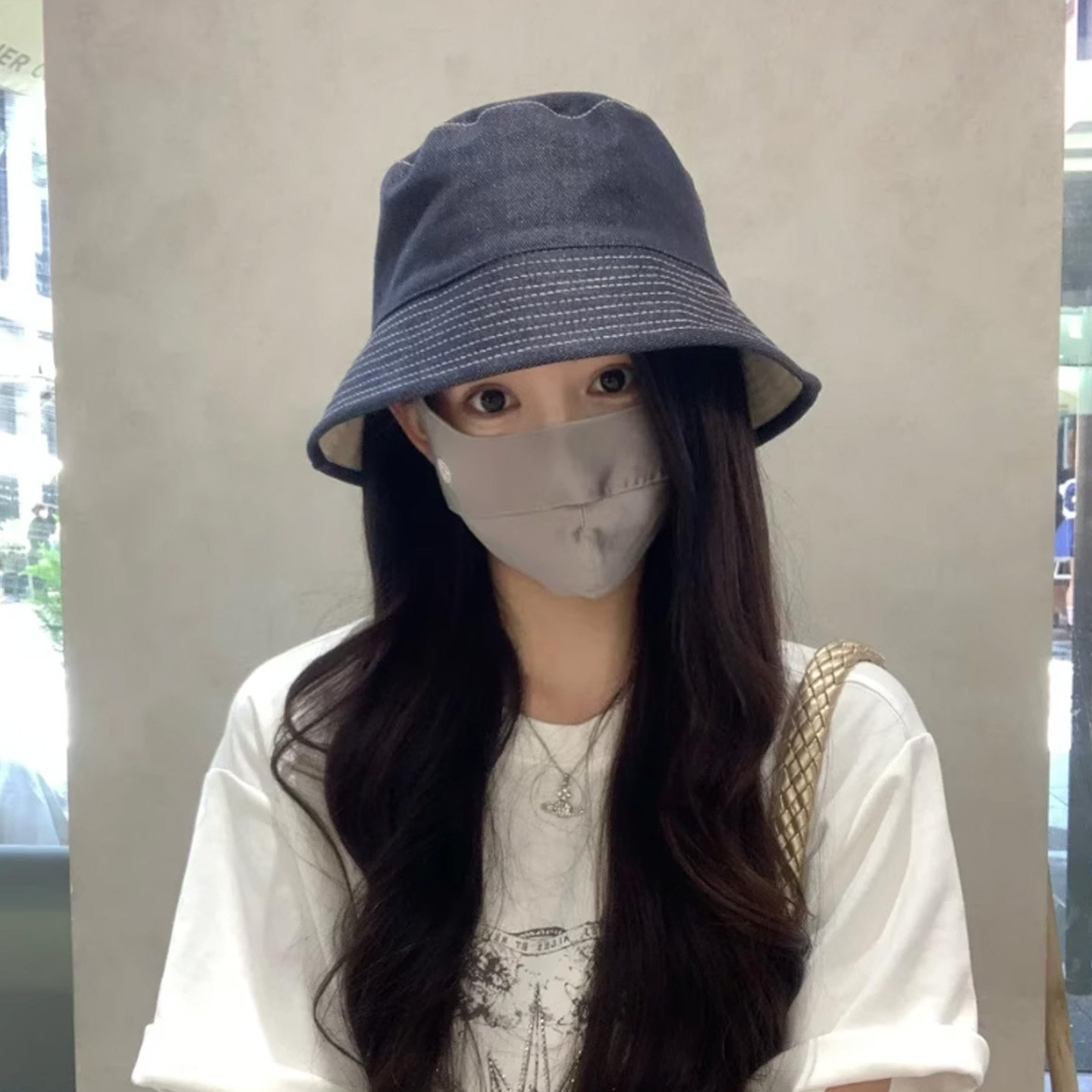 小牛津’复古牛仔渔夫帽盆帽双面帽子