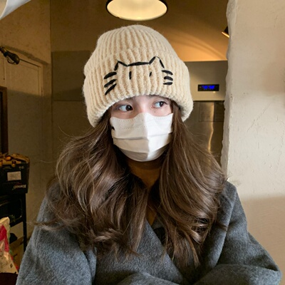 GREENHOUSES可爱小猫毛线帽子女秋冬新款显脸小保暖护耳针织帽男